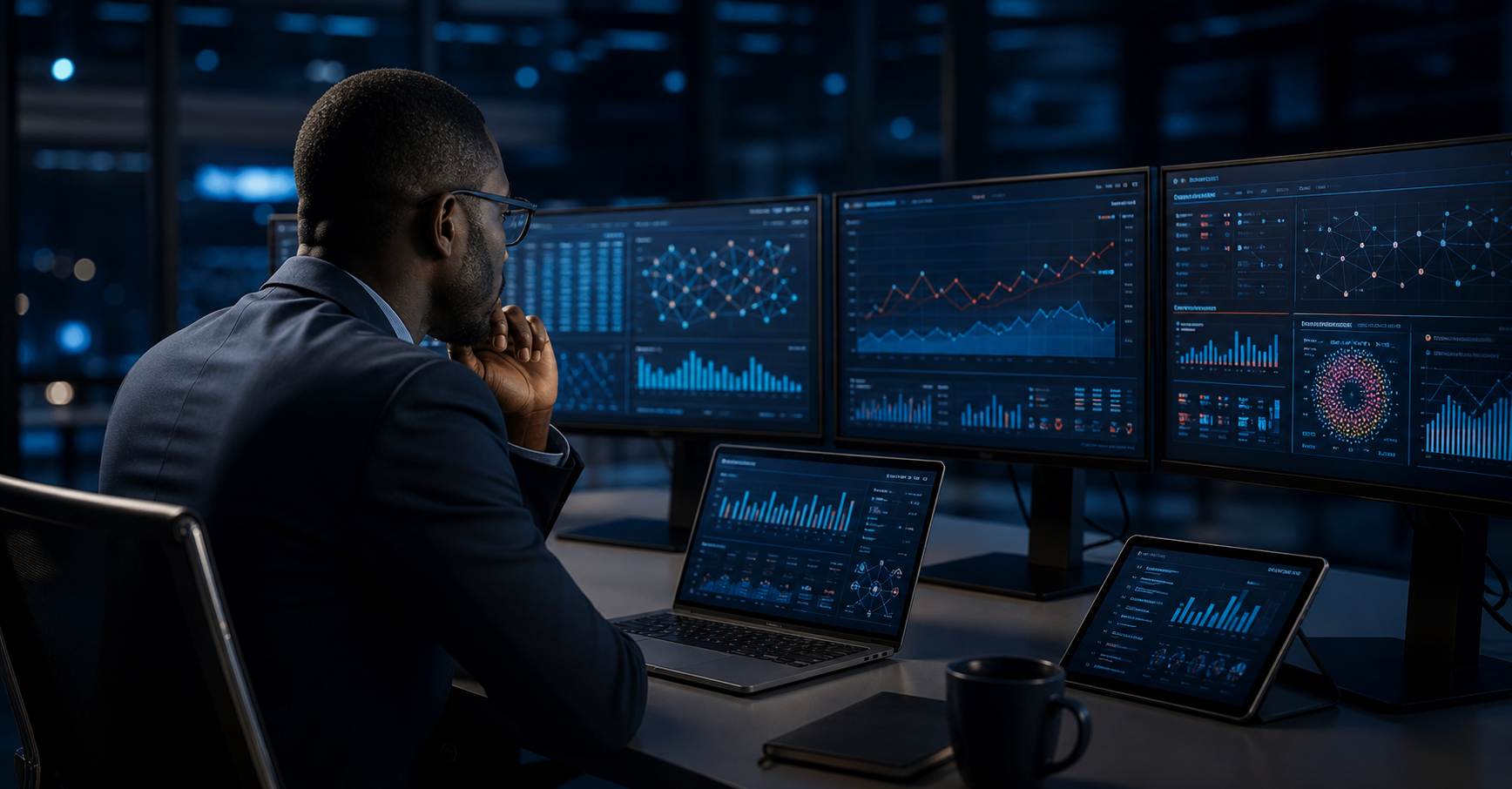 Professional using AI-powered analytics tools for root cause analysis and data-driven problem-solving