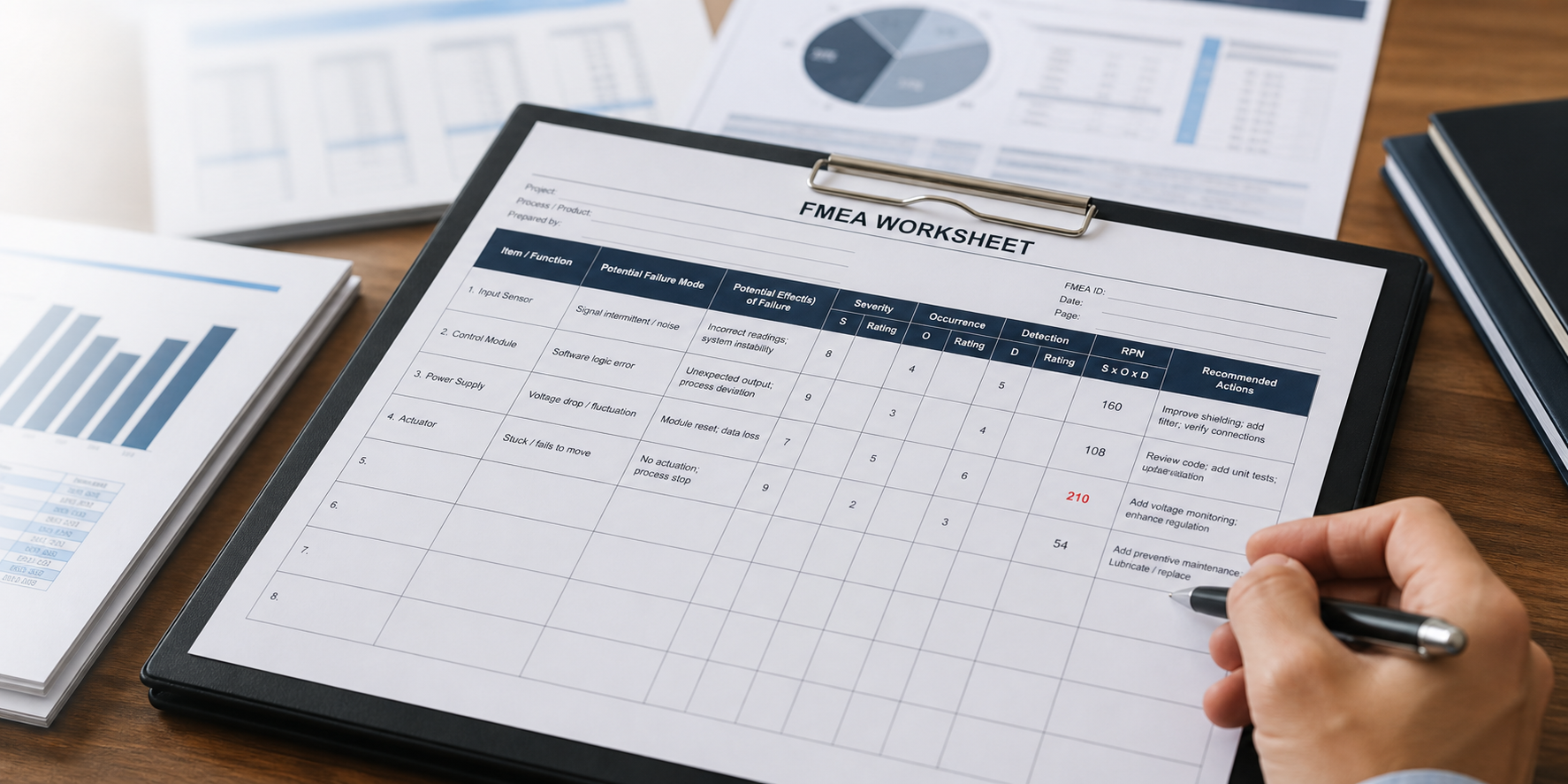 FMEA worksheet showing failure modes, severity, occurrence, detection and risk priority analysis