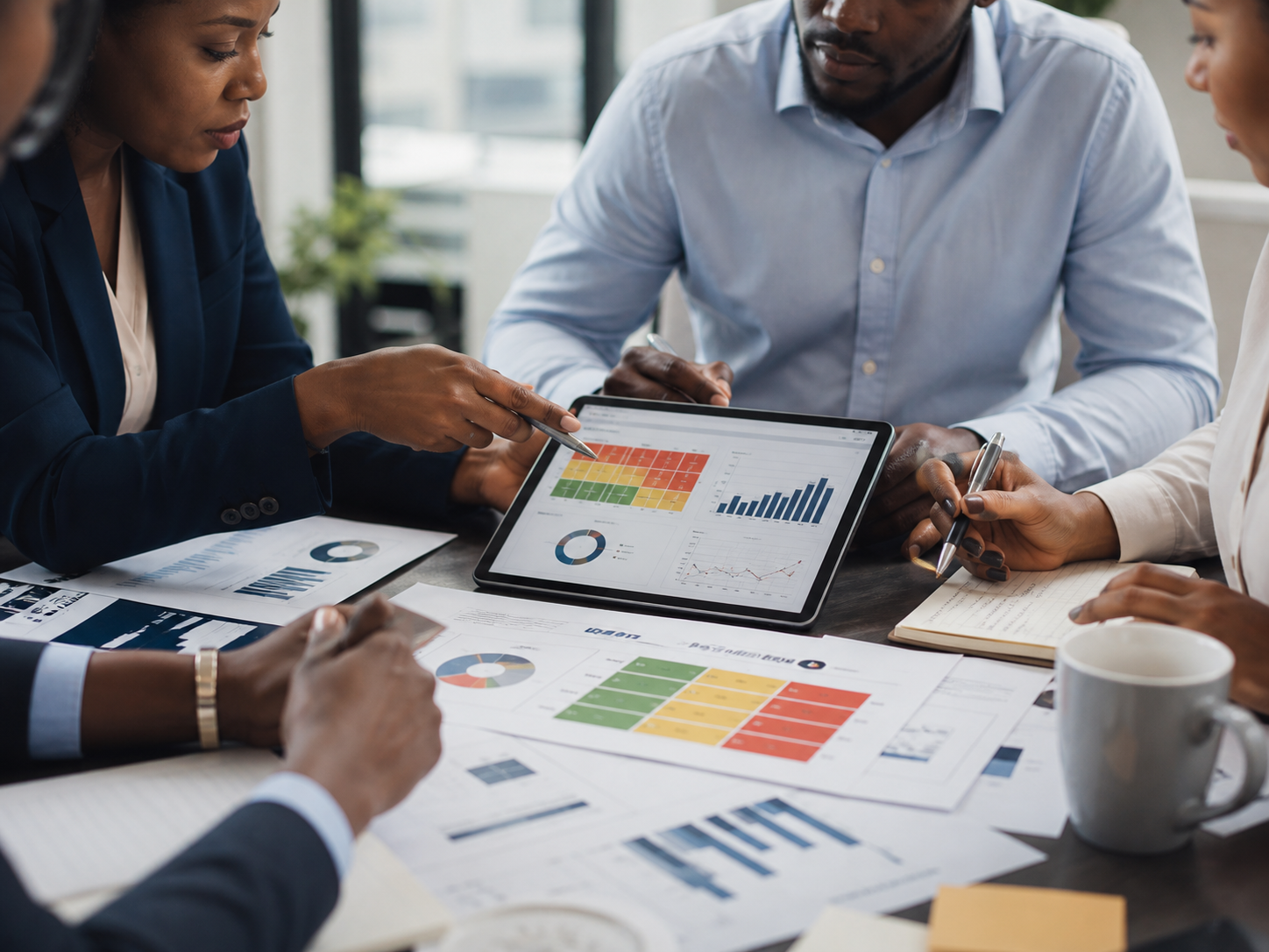 Professionals reviewing risk and performance analytics during FMEA analysis