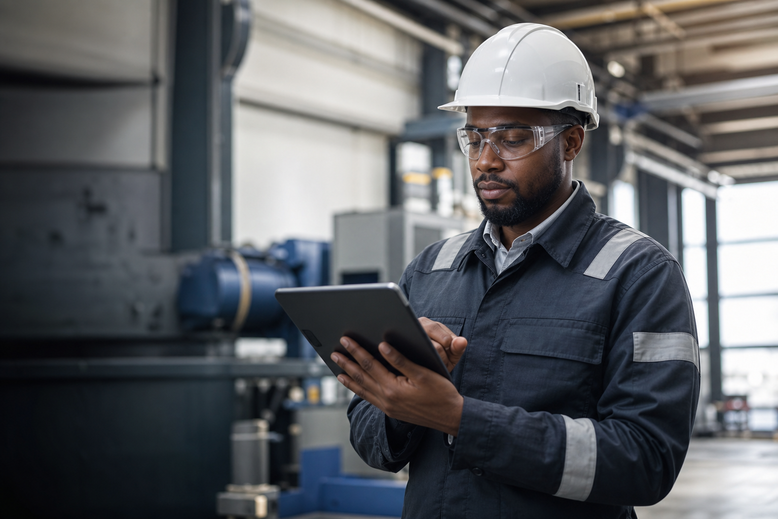 Industrial professional using a tablet to assess human reliability and workplace safety